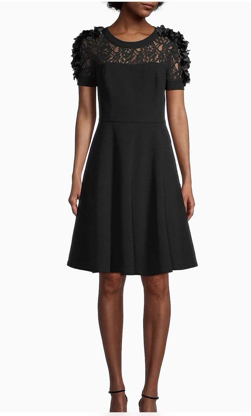 Shani Black Floral Applique Fit-&-Flare Crepe Dress Size 10